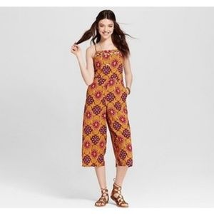 Lattice Front Boho Printed Culotte Jumpsuit